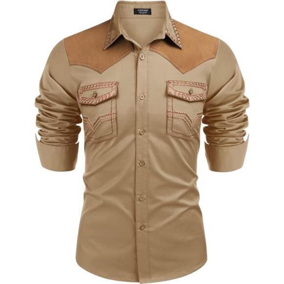 Men's Western Cowboy Shirt Light Khaki - Picture 1 of 5